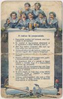 A matróz tíz parancsolata / The mariners ten commandments. Austro-Hungarian Navy K.u.K. Kriegsmarine humorous mariner art postcard. C. Fano, Pola. 1914/15. s: Ed Dworak + 1915 K.u.K. Kriegsmarine SMS Tegetthoff (b)