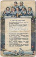 A matróz tíz parancsolata / The mariner's ten commandments. Austro-Hungarian Navy K.u.K. Kriegsmarine humorous mariner art postcard. C. Fano, Pola. 1914/15.  s: Ed Dworak + 1915 K.u.K. Kriegsmarine SMS Tegetthoff (b)