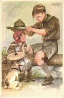 3 db régi Márton L. cserkész motívumlap. Cserkész levelezőlapok kiadóhivatala / 3 pre-1945 scout boy graphic art postcards by Márton L.