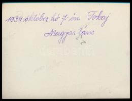 1934 Tokaj, magyar tánc, irredenta színpad háttérrel (Nagy-Magyarország ábrázolásával), hátoldalon f...