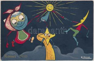 Komet 1910. 4 darabos litho művész képeslap sorozat hullócsillaggal. K. Hesse szignó / Komet 1910. 4 litho art postcards from a postcard series of a meteor, comet. K. Hesses signature