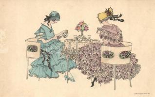 Ladies drinking tea. Wiener art postcard. M. Munk Nr. 1138. s: Mela Koehler (Rb)