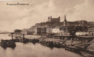 Pozsony, Pressburg, Bratislava; vár, kikötő, hajók / castle, port, ships