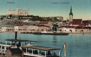 Pozsony, Pressburg, Bratislava; Dunasor, vár, gőzhajó / Danube, castle, steamship