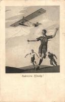 Szárnyra ifjúság! Cserkészek vitorlázó repülőgéppel / Hungarian scout boys with glider (kis szakadás / small tear)