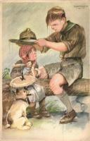 5 db régi Márton L. cserkész motívumlap. Cserkész levelezőlapok kiadóhivatala  / 5 pre-1945 scout bo...