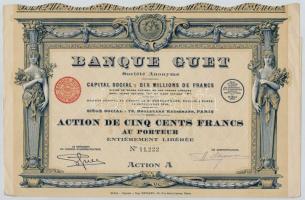 Franciaország / Párizs 1926. Banque Guet (Guet Bank) részvénye 500Fr-ról, szelvényekkel T:I-,II