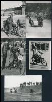 cca 1930-1950 Motorversenyek, motorversenyzők, pl. Magyar Kismotor Grand Prix, Zsótér verseny közben, 5 db utólagos előhívás, 7,5×5,5 és 9,5×6,5 cm