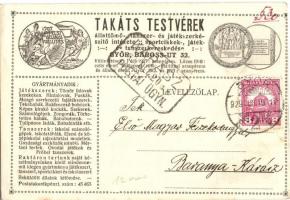 1929 Győr, Baross út 32. Takáts Testvérek állattömő-, tanszer- és játékszerkészítő intézete. Saját reklámlapjuk és levelük / Hungarian taxidermist, school and toy maker advertisement postcard. Letter of the owners (EK)