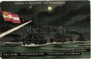 Squadra in Evoluzione-Flottenmanöver. SMS Georg, SMS Erzherzog Karl, SMS Habsburg, SMS Monarch, SMS Wien. K.u.K. Kriegsmarine art postcard. G. Fano Pola 1909. No. 44. (worn corners)