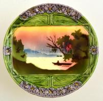 Körmöcbányai szecessziós talpas tortatál és 6 db süteményes tányér, mázas kerámia,  jelzett, a tálon...