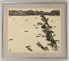 Gy. Szabó Béla (1905-1985): Kínai tó. Fametszet, papír, jelzett, üvegezett keretben, 44×52 cm