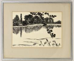 Gy. Szabó Béla (1905-1985): A termereni tó. Fametszet, papír, jelzett, üvegezett keretben, 44×52 cm