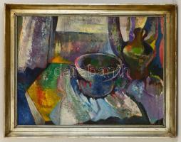 Dobi Piroska (1929-) : Asztali csendélet. Olaj, farost, jelzett, keretben, 60×80 cm