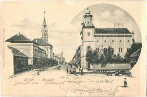 1901 Eszék, Osijek, Esseg; Megye utca, zsinagóga / Zupanijska ulica / Cimitatsgasse / street view with synagogue