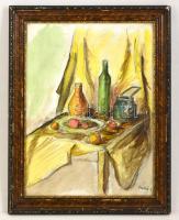 Holló jelzéssel: Asztali csendélet. Akvarell-ceruza, papír, üvegezett keretben, 42×32 cm