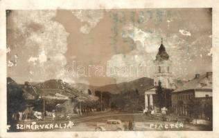 Szinérváralja, Seini; Piac tér, templom, automobil / market square, automobile (felületi sérülés / surface damage)