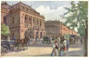Budapest VI. Andrássy út, Opera, hintók. Brüder Kohn művészlap. B.K.W.I. S. 280/2. s: Sötczinger