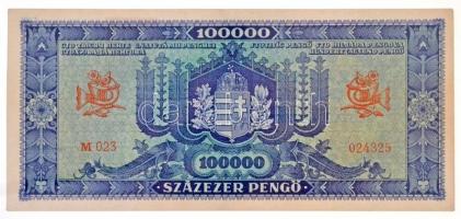 1945. 100.000P kék színű, zöld "MNB" bélyeggel, "M023 024325" T:II,II- / Hungary...