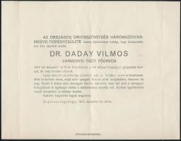 1917 Daday Vilmos (1856-1917) Háromszék vármegyei tiszti főorvos halotti értesítője, Szombathelyre a vármegyei törvényhatóságnak postán megküldve