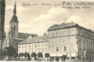 1912 Pozsony, Pressburg, Bratislava; Hal tér, zsinagóga, Korzó kávéház / Fischplatz / square, synagogue, cafe