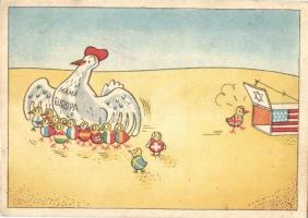 Mama Europa / WWII mocking propaganda card with chicken, swastika sign, Jewish America. Judaica art postcard (EB)