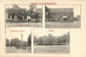 1910 Ernőháza, Torna-Ernesztháza, Banatski Despotovac; gyógyszertár (gyógytár) és posta, paplak, Római katolikus templom, Johann Schag üzlete / pharmacy, post office, rectory, church, shop