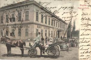 1904 Buziás, Nagy szálloda. Montázslap automobillal és hintóval / Grand Hotel. Montage postcard with automobile and chariot (EK)