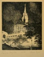 Bajor Ágost (1892-1958): Mátyás templom. Rézkarc, papír, jelzett, üvegezett keretben, 15,5×13 cm