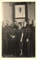 Fogadás Hitler arckép alatt, horogkereszt / German meeting under an Adolf Hitler portrait, swastika, NSDAP German Nazi Party propaganda. photo