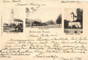1903 Facset, Facsád, Faget; Római katolikus és görög-keleti templom, Fő utca / churches and main street