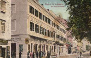 1913 Fiume, Rijeka; R.U. Ginasio, Via della Fiumara, Cartoleria, Ernesto Brencos Drogheria, Fratelli Neumann / street view with shops and pharmacy (EK)