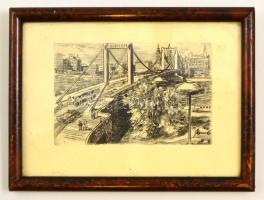 Jelzés nélkül: Erzsébet híd, rézkarc, papír, üvegezett fa keretben, 6,5×10,5 cm