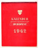 1942 Budapest Kalender. Bp., (1941). Städtische Fremdenverkehrsamt, 16 sztl. lev. Csánky Dénes 14 db színes akvarelljeivel illusztrált kiadvány. Kis sérülésekkel a kötésen.
