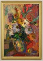 Biró Ferenc (1921-2001): Virágcsendélet, olaj, karton, jelzett, keretben, 55×38 cm