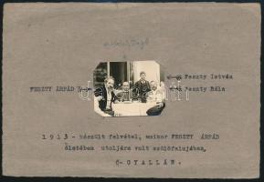 cca 1913 Feszty-család (Feszty Árpád (1856-1914), Feszty Béla és Feszty Imre) Ó-gyallán, feliratozott papíron, körbevágott, 4x5 cm