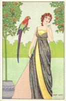 Wiener art postcard. Lady with parrot. B.K.W.I. 656-6. s: Mia Witt