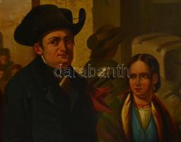 cca 1870 Jelzés nélkül: Fontos ember érkezése. Olaj, vászon, restaurált, 68×56 cm