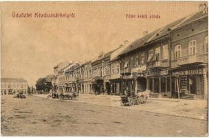 1910 Kézdivásárhely, Targu Secuiesc; Fő tér keleti oldala, Mánya Dávid, Császár Gergely, Pánczél Károly és Bartha Gyula üzlete. No. 176. / main square with shops