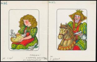 Jelzés nélkül: Mesefigurák. Illusztrációk. Akvarell, tus, papír. 14 db 13x10 cm