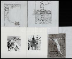 Ligeti Erika, Tornai Mari, Tomka Erzsébet grafikusok összesen 17 db alkotása Tus, toll, linó vegyes ...