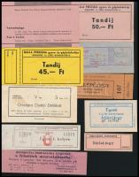 10 db különböző jegy (rendkívüli propaganda utalvány, Balla Piroska gyors- és gépíróiskolája, pályabelépőjegy, Ügető átjárójegy, stb.)