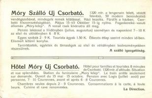1908 Tátra, Tatry; Új Csorbatói Móry szálló térképes reklámlapja / Strbské Pleso / hotels map and advertisement postcard (EK)