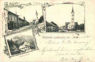 1902 Leibic, Leibitz, Lubica; Fő utca, Evangélikus templom, Rózsa menház. Lindtner Gyula kiadása / main street, church, rest house. floral