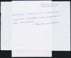 2002 Faludy György (1910-2010) saját kézzel írt sorai és aláírása egy levélen, valamint egy neki írt levél egy egykori munkaszolgálatostól, benne Rejtő Jenőre (1905-1943) vonatkozó megjegyzéssel.