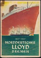 cca 1936 Norddeutscher Lloyd Bremen hajójának német nyelvű utazási prospektusa, az utolsó lapon zászló jelzésekkel, közte a német zászlókkal is, kissé szakadozott, foltos.