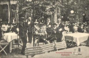 1909 Budapest XIV. Városliget, Wampetics F. vendéglő kerthelyisége, étterem, pincérek