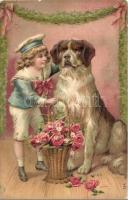 Child with dog, flowers, litho Emb. (EB)