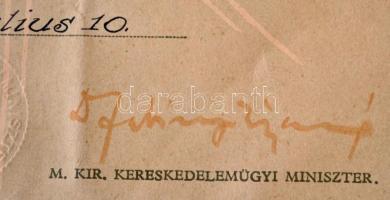 1934 Bányaipari szolgálatok miatt adományozott elismerő irat Fabinyi Tihamér kereskedelemügyi minisz...