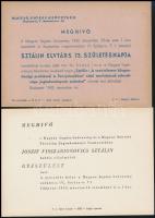 1952-1953 Magyar Jogász Szövetség Sztálin 73. születésnapjára rendezett ünnepi ülésének, és halála alkalmából rendezett gyászülés meghívói, Bp. "Élet"-nyomda-Zuglói-nyomda.